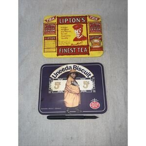 Set Of Vintage Advertising Plaques Bristolware Uneeda Biscuit Co & Liptons Tea